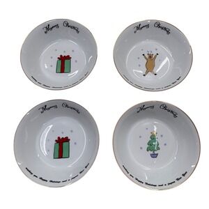 Merry Brite Christmas Bowls Set 4 Reindeer Tree Gift White Gold Rim 6in Holiday